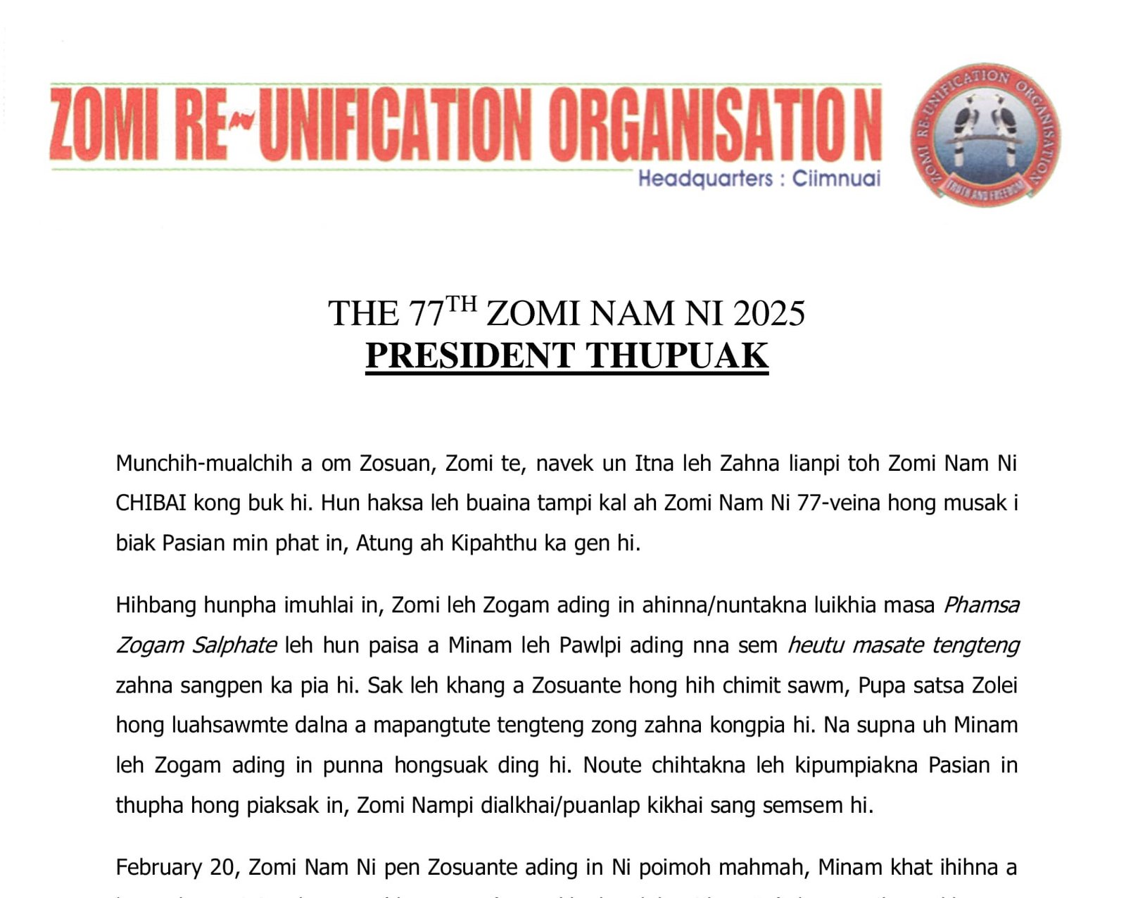 You are currently viewing The 77th Zomi Nam Ni 2025 President Thupuak | Getin Lamka